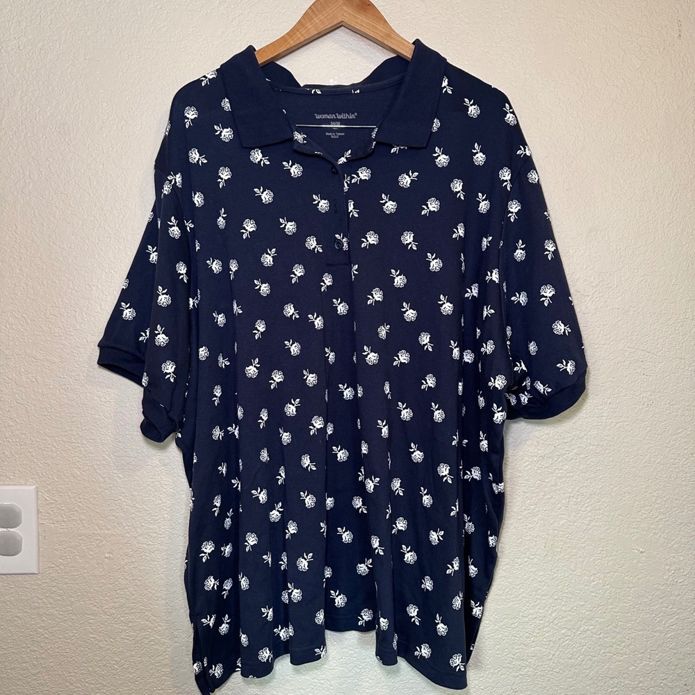 Woman Within Womens 4X Polo Plus Size Navy Blue Floral Collared Thick Comfort